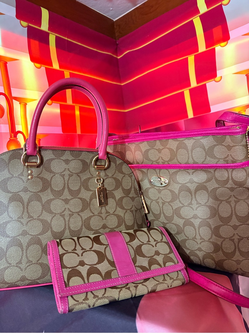 Coach Brown Signature Satchel, Tote & Wallet with Pink Trim